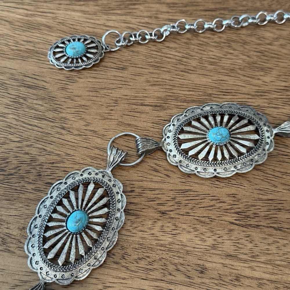 Southwestern Concho Style Belt Faux Turquoise Silver Tone Medallion Western 40" - Picture 2 of 6